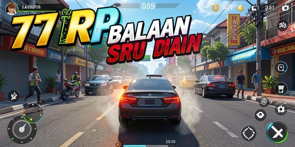 Gameplay balapan intens dalam 77RP dengan mobil cepat.