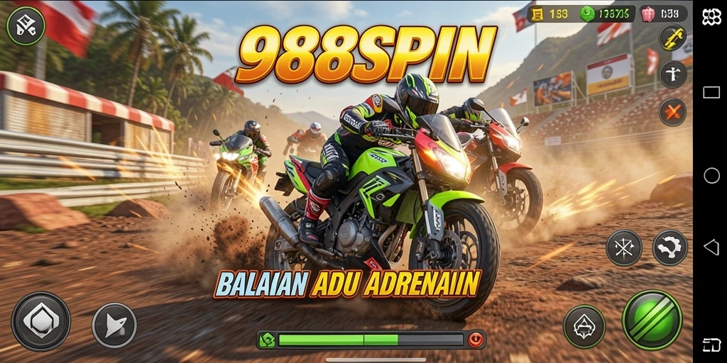 Gameplay seru 988SPIN menunjukkan balapan motor yang mendebarkan.
