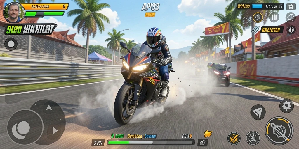 Tangkapan layar menunjukkan gameplay intens balapan motor dalam API33.