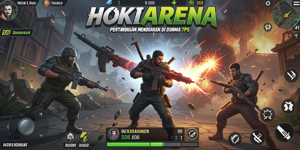 Screenshot HOKIARENA menampilkan aksi pertempuran yang intens dalam TPS.