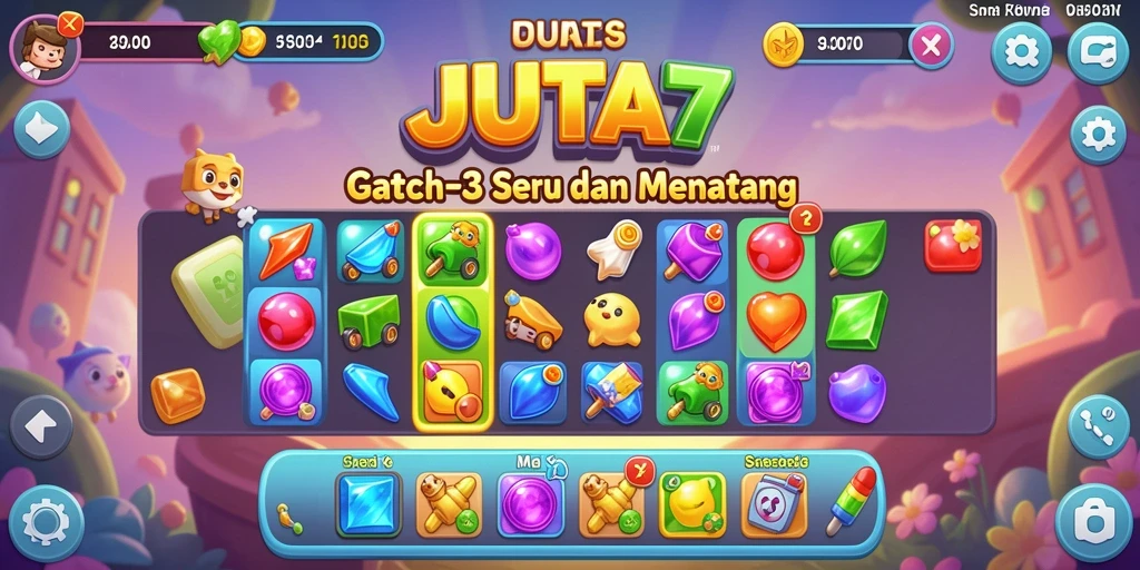 Screenshot gameplay JUTA7 menampilkan keseruan mencocokkan permata colorfull.
