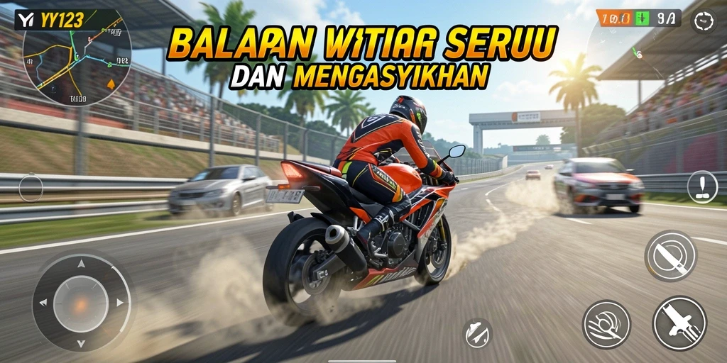 Tampilan gameplay YY123 yang menegangkan di lintasan balap motor.